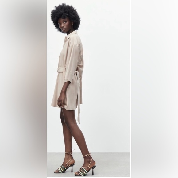 NWT Zara LINEN Blend CHAIN LINK Belt Shirt Dress Khaki/Beige Medium 3/4 Sleeves - Picture 9 of 9